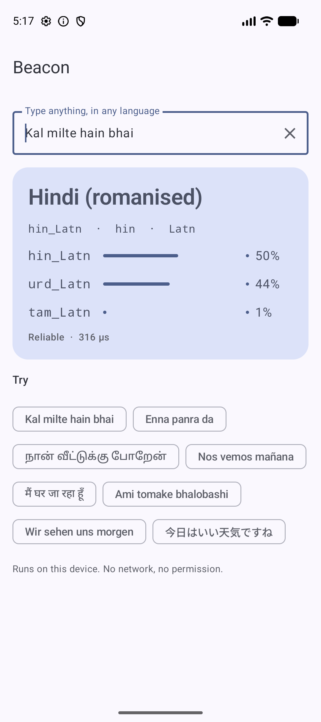 Beacon detecting Hindi (romanised) for Kal milte hain bhai