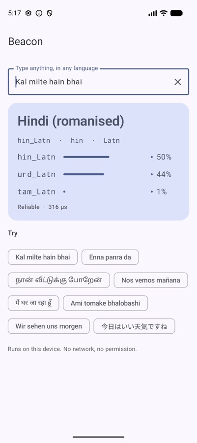 Beacon sample app detecting romanised Hindi