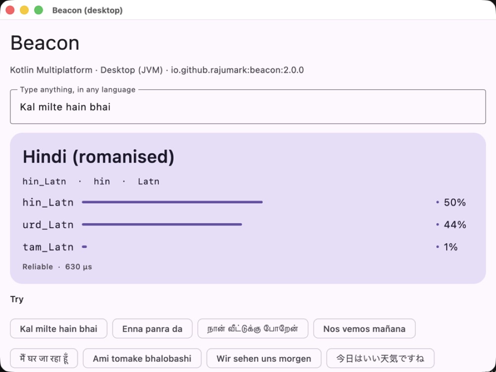 Beacon desktop sample detecting Hindi written in Latin letters