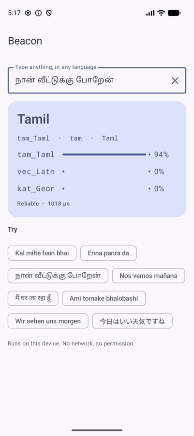 Beacon sample app detecting Tamil in Tamil script