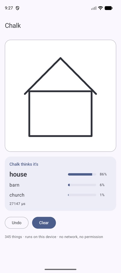 Chalk recognising a half-drawn house from walls and roof only