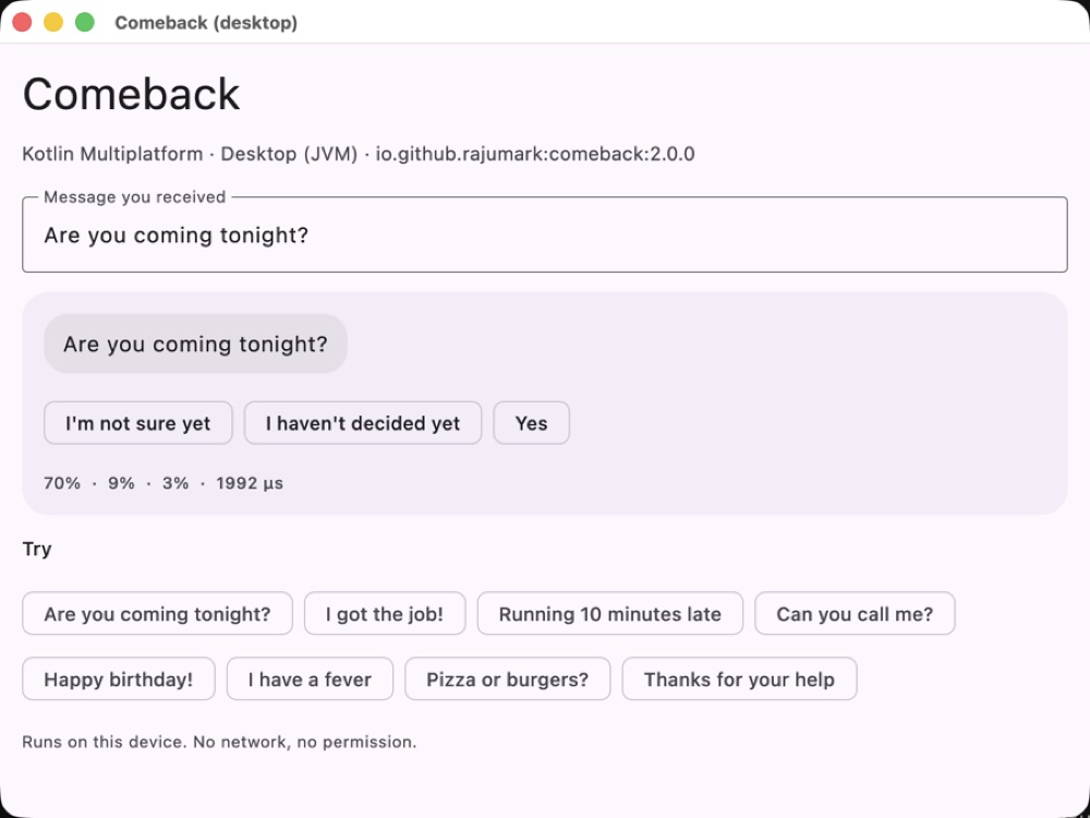 Comeback desktop sample suggesting three reply chips for a message