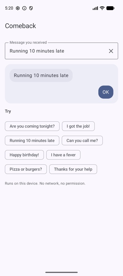 A reply chip tapped and sent