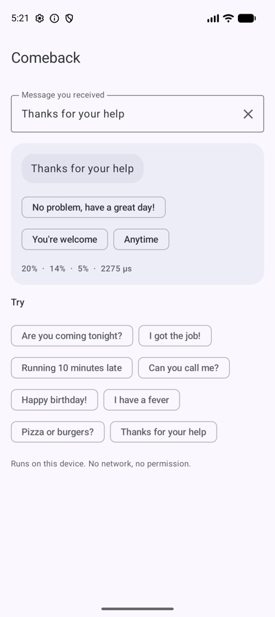 Comeback suggesting replies to Thanks for your help