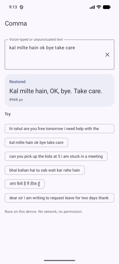 Comma sample app restoring punctuation in Hinglish