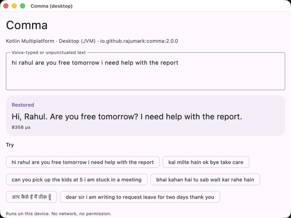 Comma desktop sample restoring punctuation in a chat message