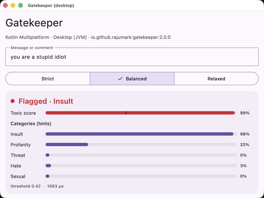 Gatekeeper desktop sample checking a message for toxicity