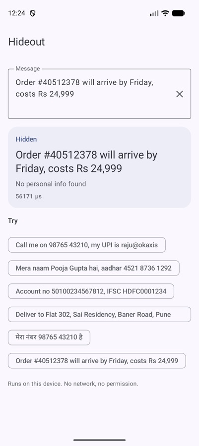 Hideout leaving an order message with no personal info unchanged