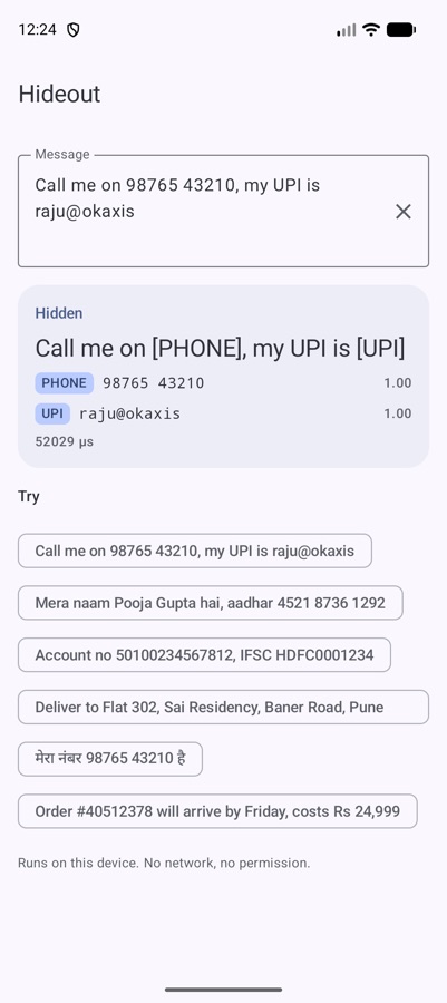 Hideout hiding a phone number and UPI ID in English