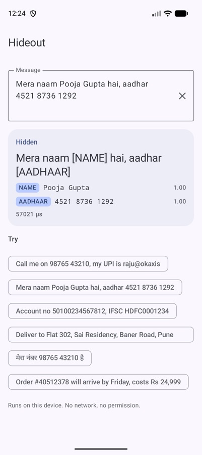 Hideout hiding a name and Aadhaar number in Hinglish