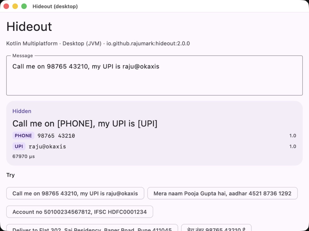 Hideout desktop sample replacing personal information in a message with labels