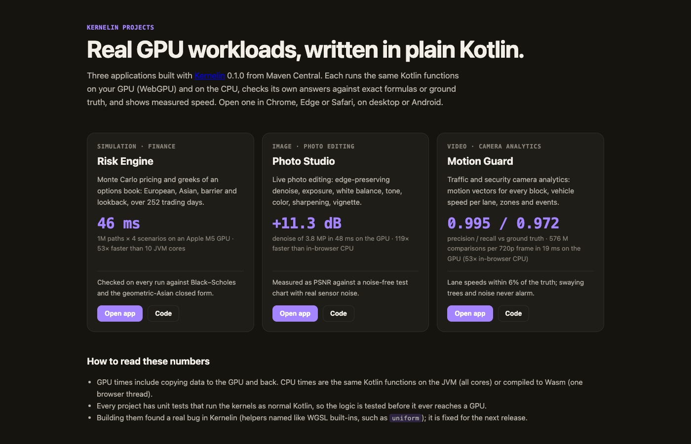 Kernelin projects page with Risk Engine, Photo Studio and Motion Guard