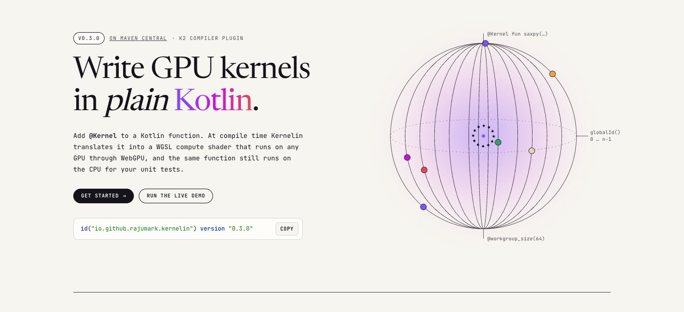 Kernelin website: Write GPU kernels in plain Kotlin