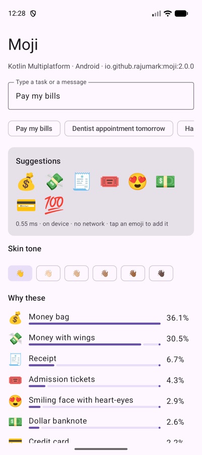 Moji Android sample showing emoji suggestions and their confidence for Pay my bills