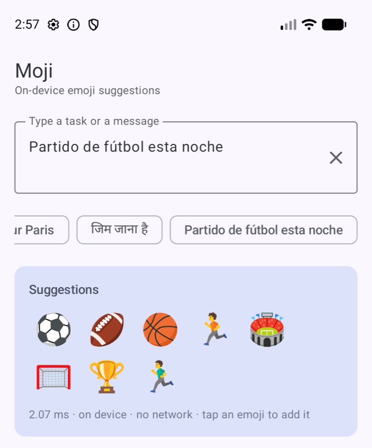 Moji sample app suggesting sports emoji for a Spanish message about a football match