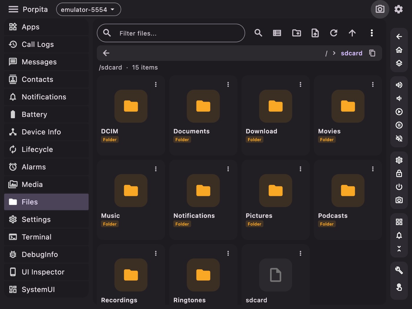 Porpita file browser showing device storage