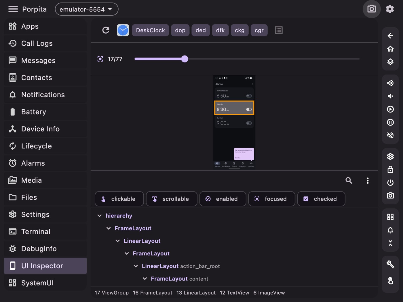 Porpita UI inspector showing the view hierarchy of a running app