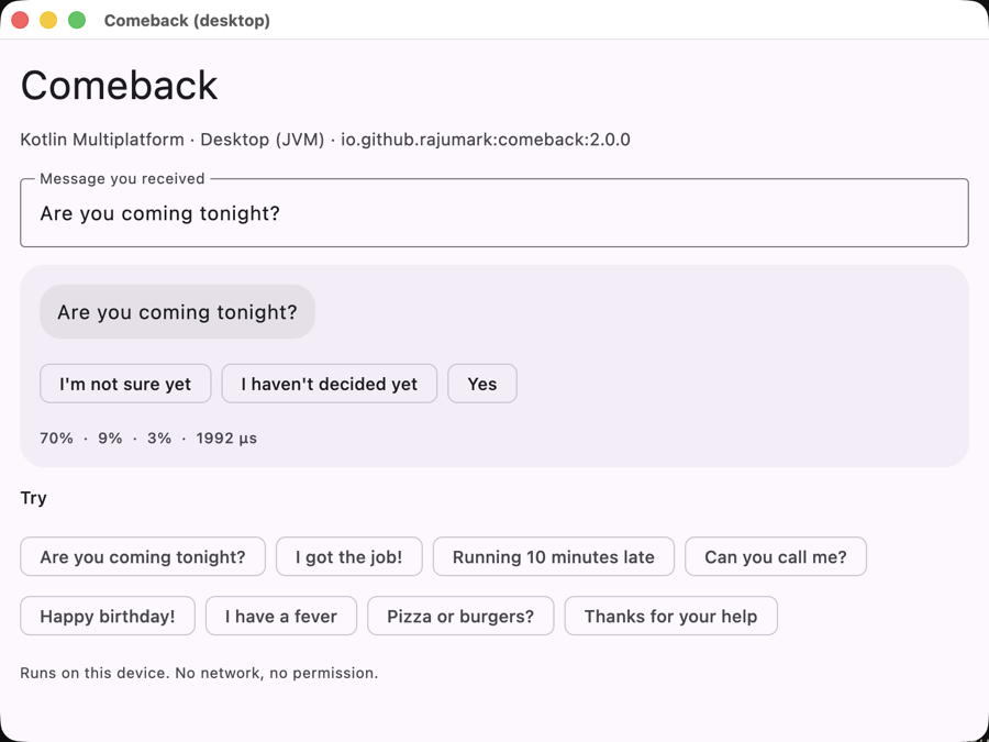 Comeback sample on Desktop (JVM)