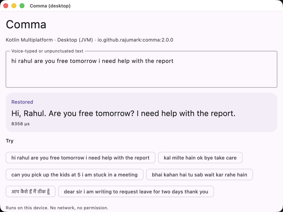 Comma sample on Desktop (JVM)
