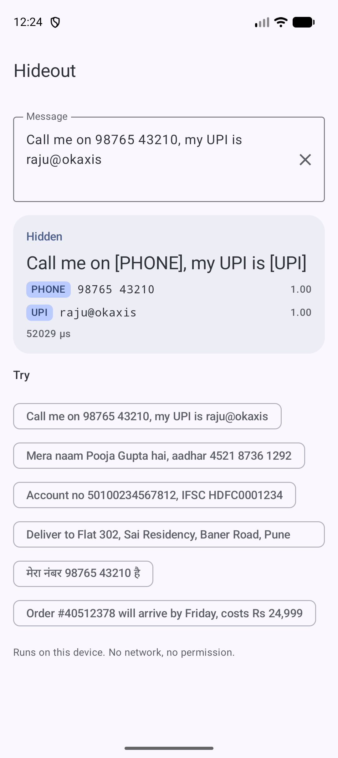 Hideout hides a phone number and a UPI ID