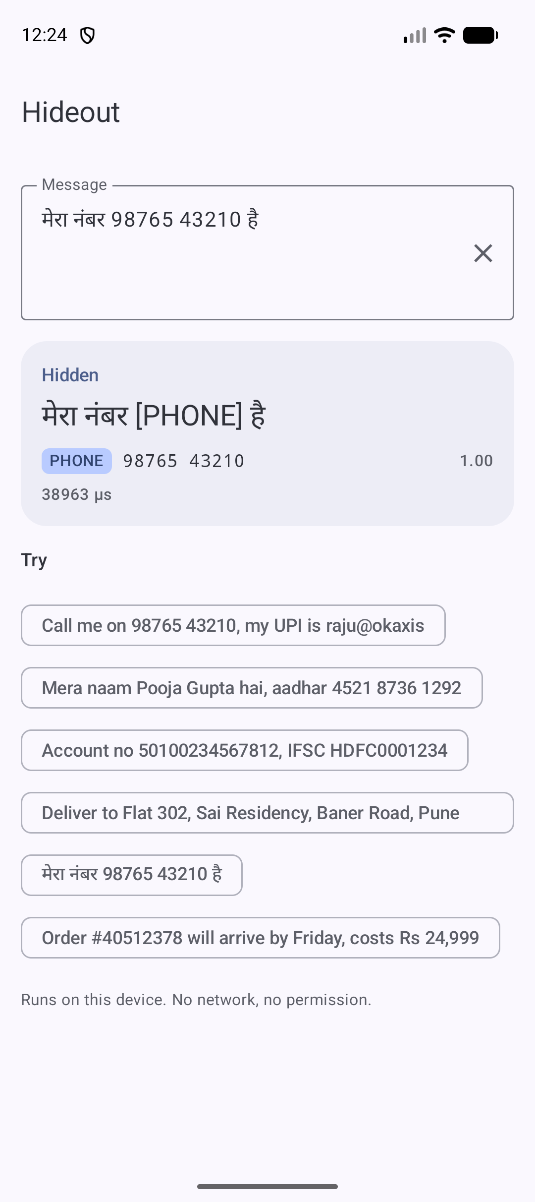 Hideout hides a phone number in Hindi