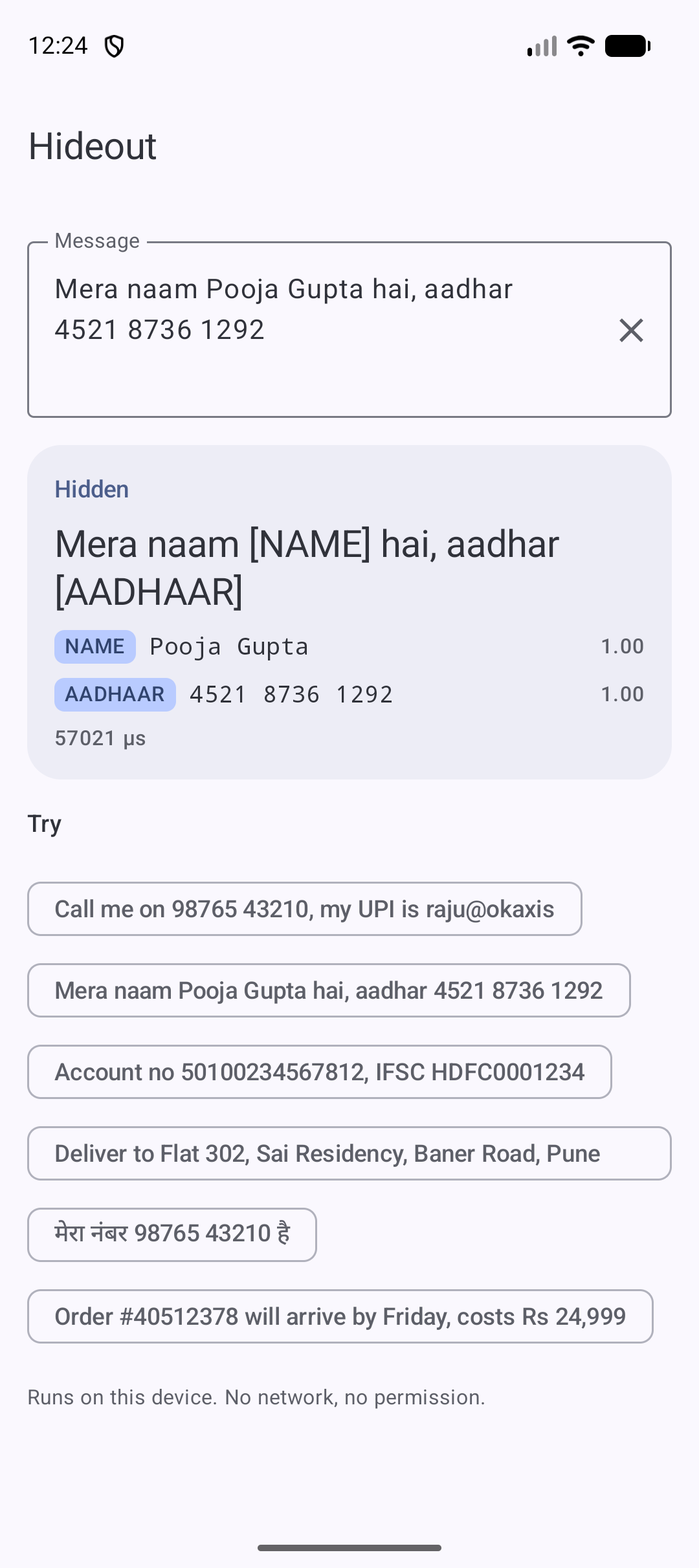 Hideout hides a name and an Aadhaar number in Hinglish