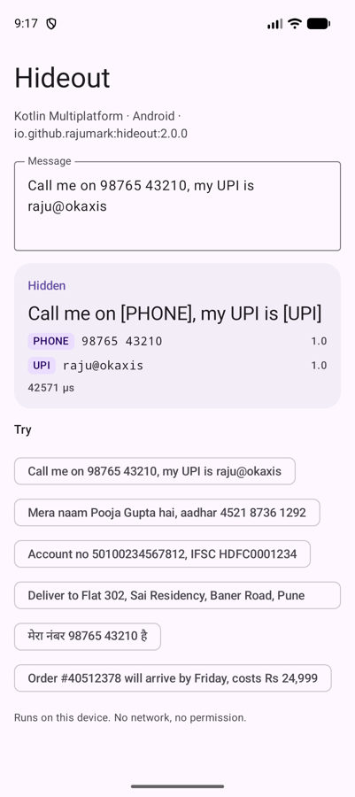 Hideout sample on Android