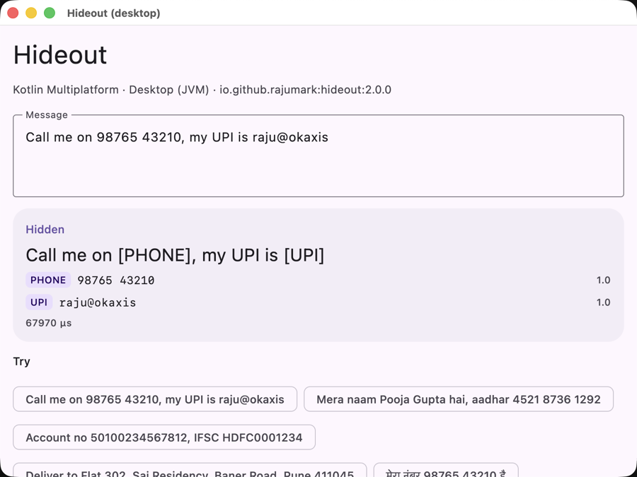 Hideout sample on Desktop (JVM)
