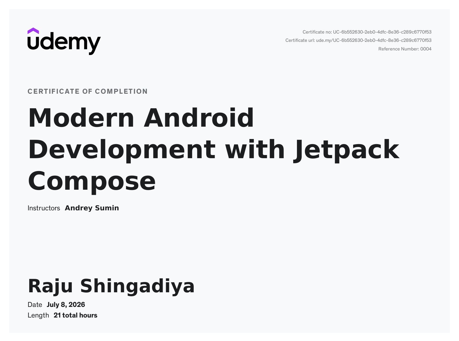 Udemy Modern Android Development Certificate