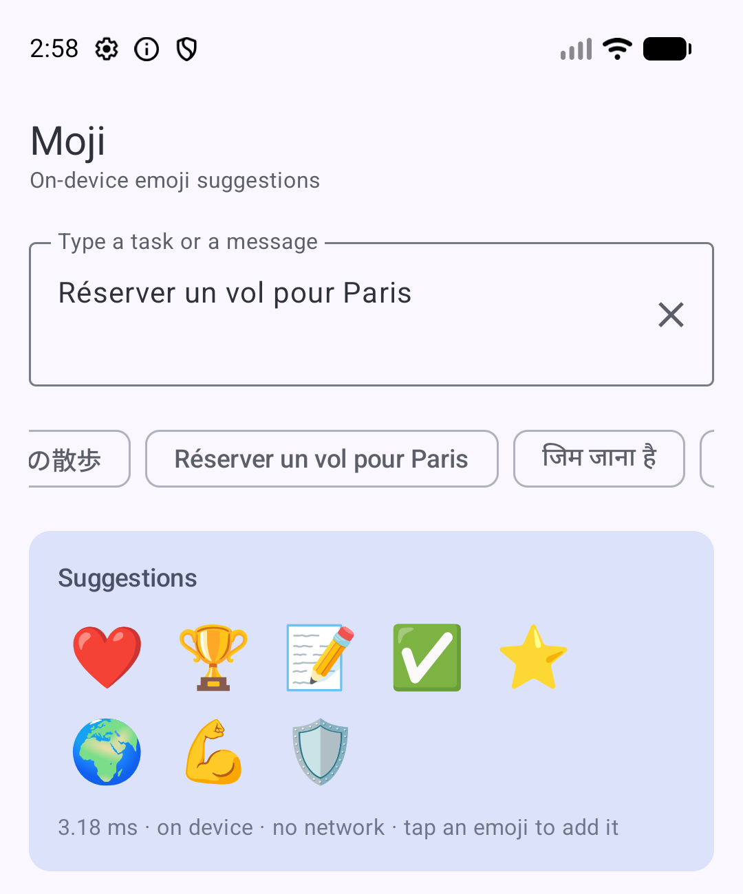 Moji suggesting emoji for French text Réserver un vol pour Paris