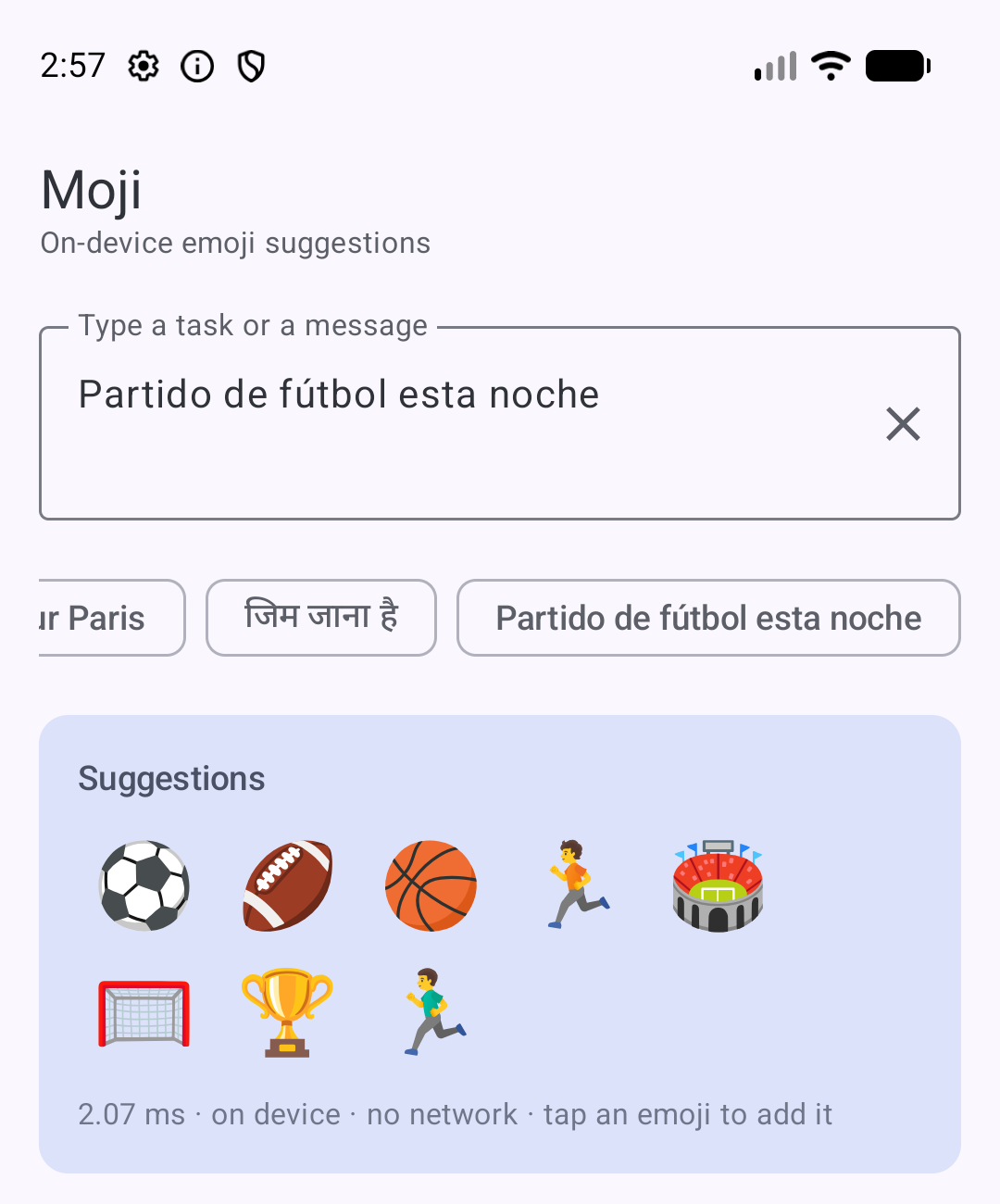 Moji suggesting emoji for Spanish text Partido de fútbol esta noche